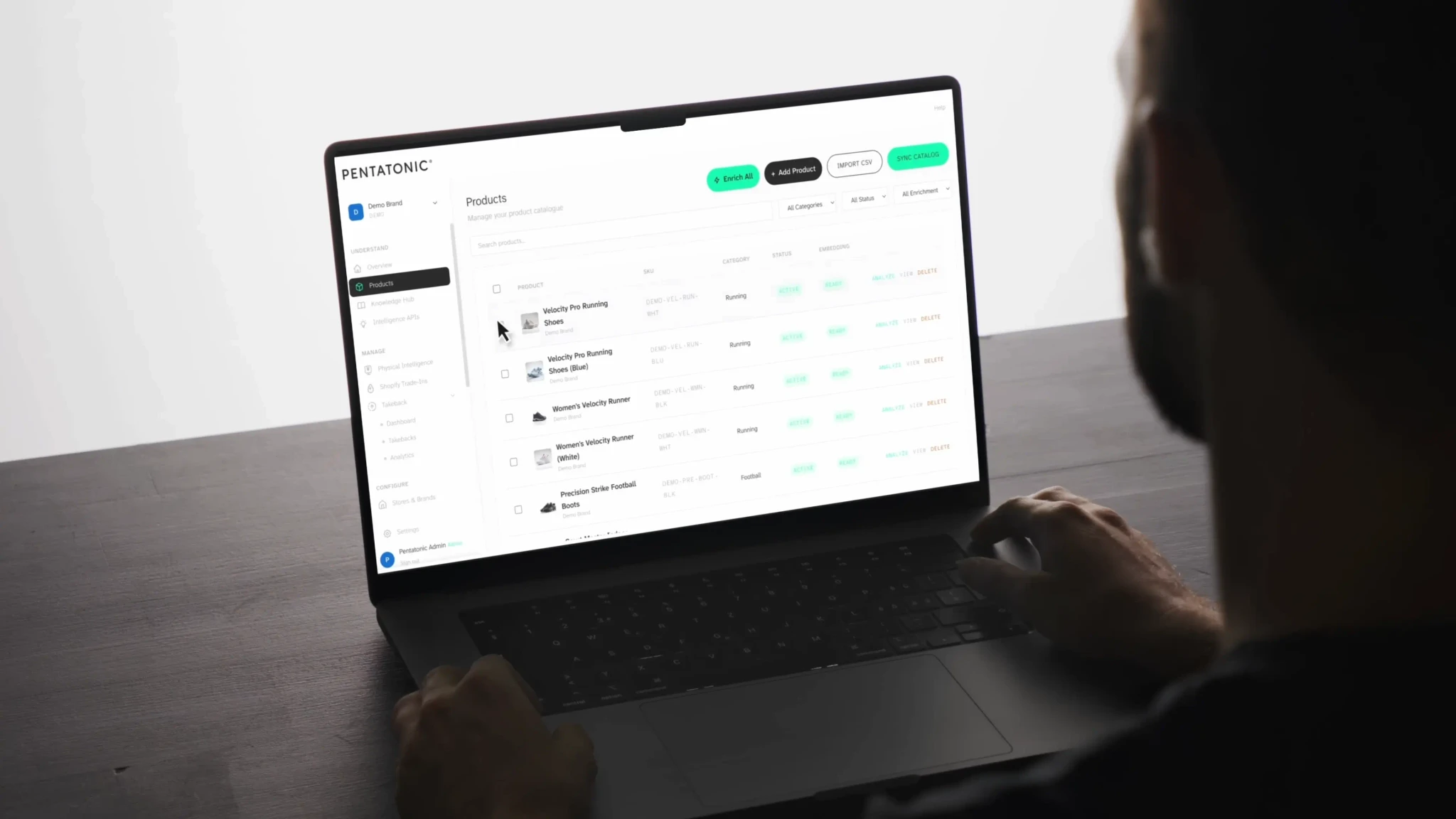 A laptop showing the Pentatonic control plane's product view for a demo brand.