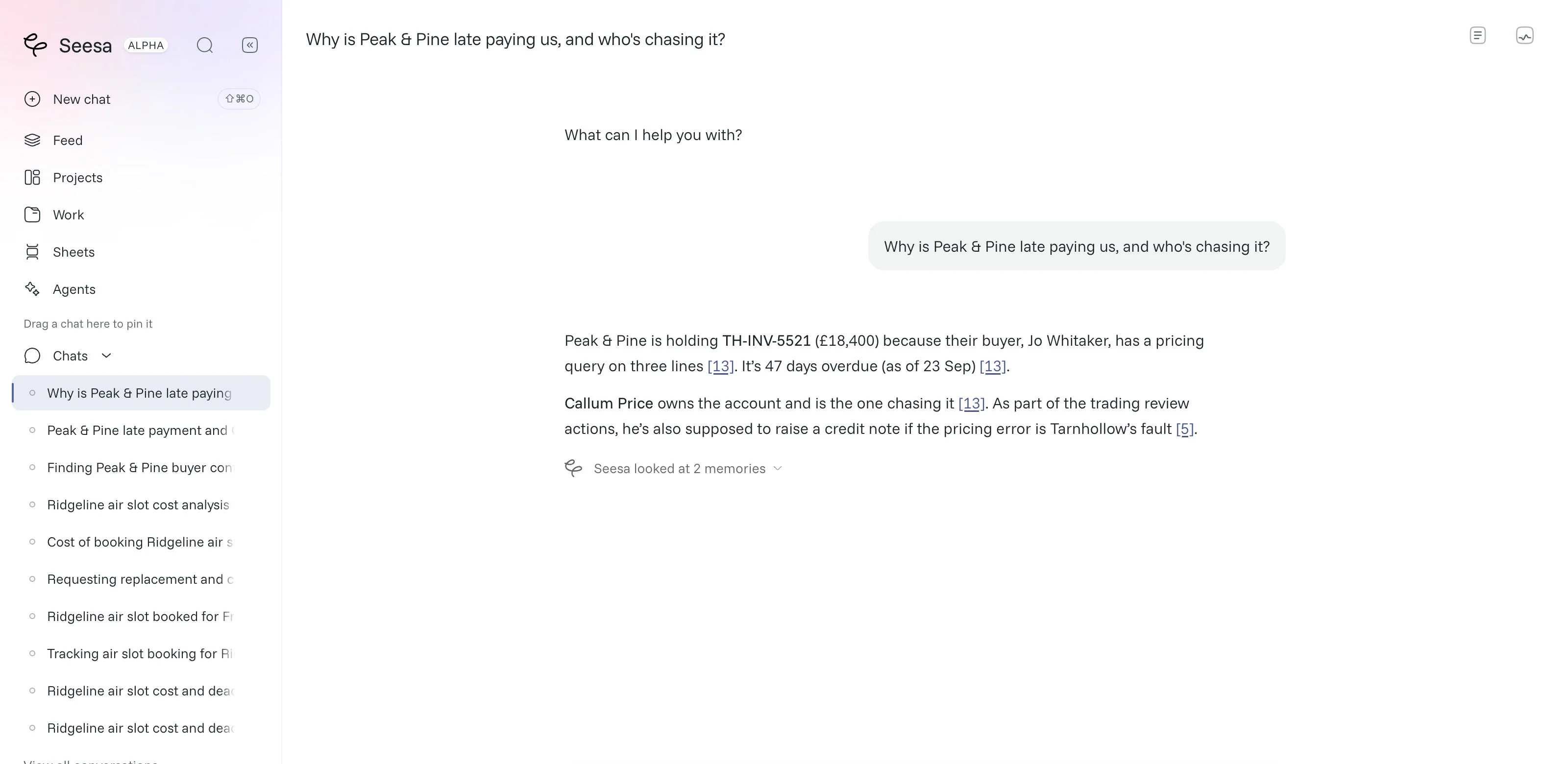 A Seesa answer to a question about a late invoice, with numbered sources.